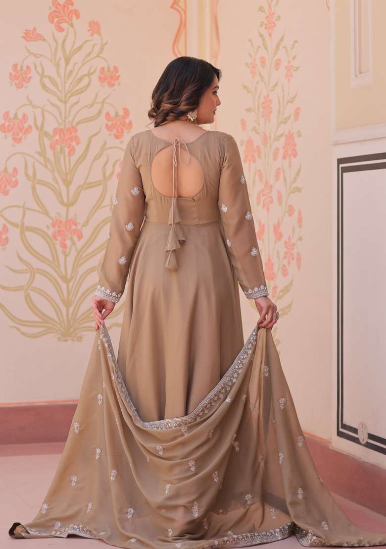 Beige Beads Work Georgette Anarkali With Dupatta - Indya