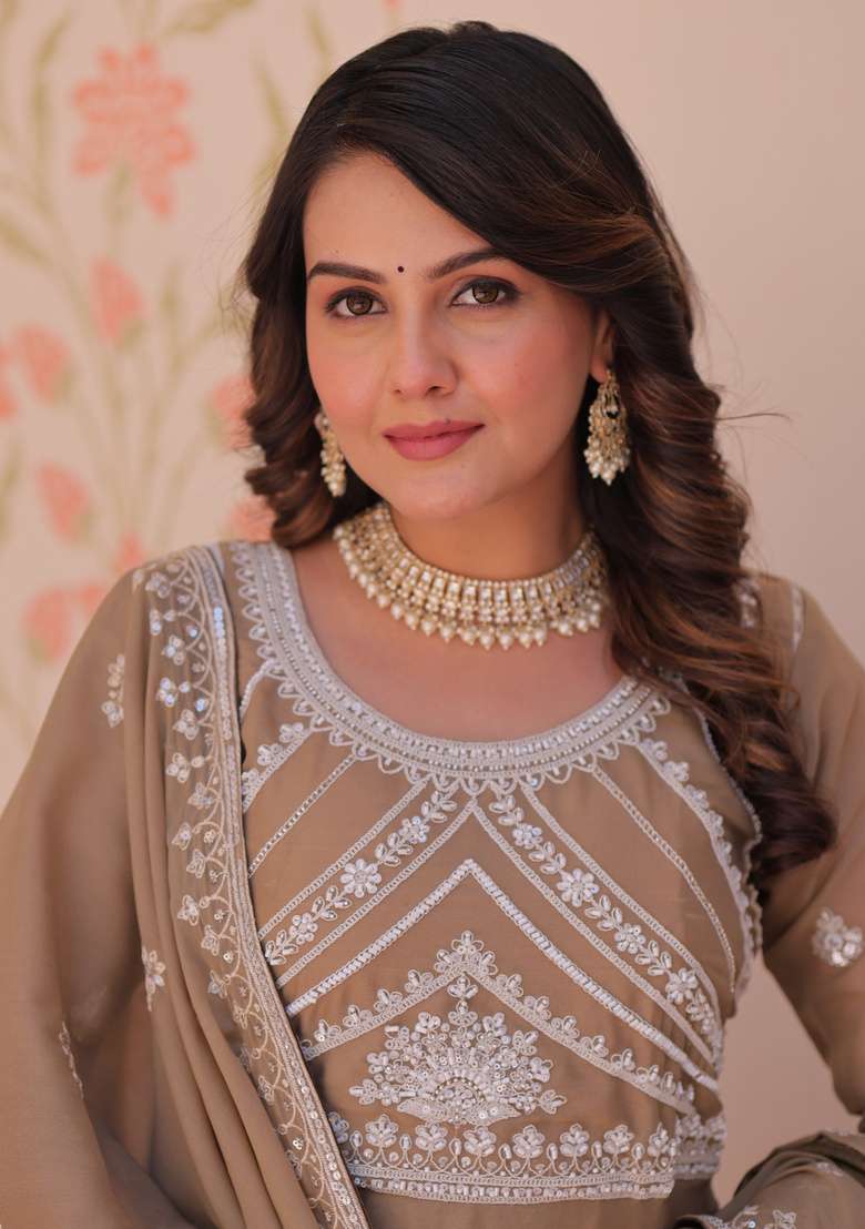 Beige Beads Work Georgette Anarkali With Dupatta - Indya