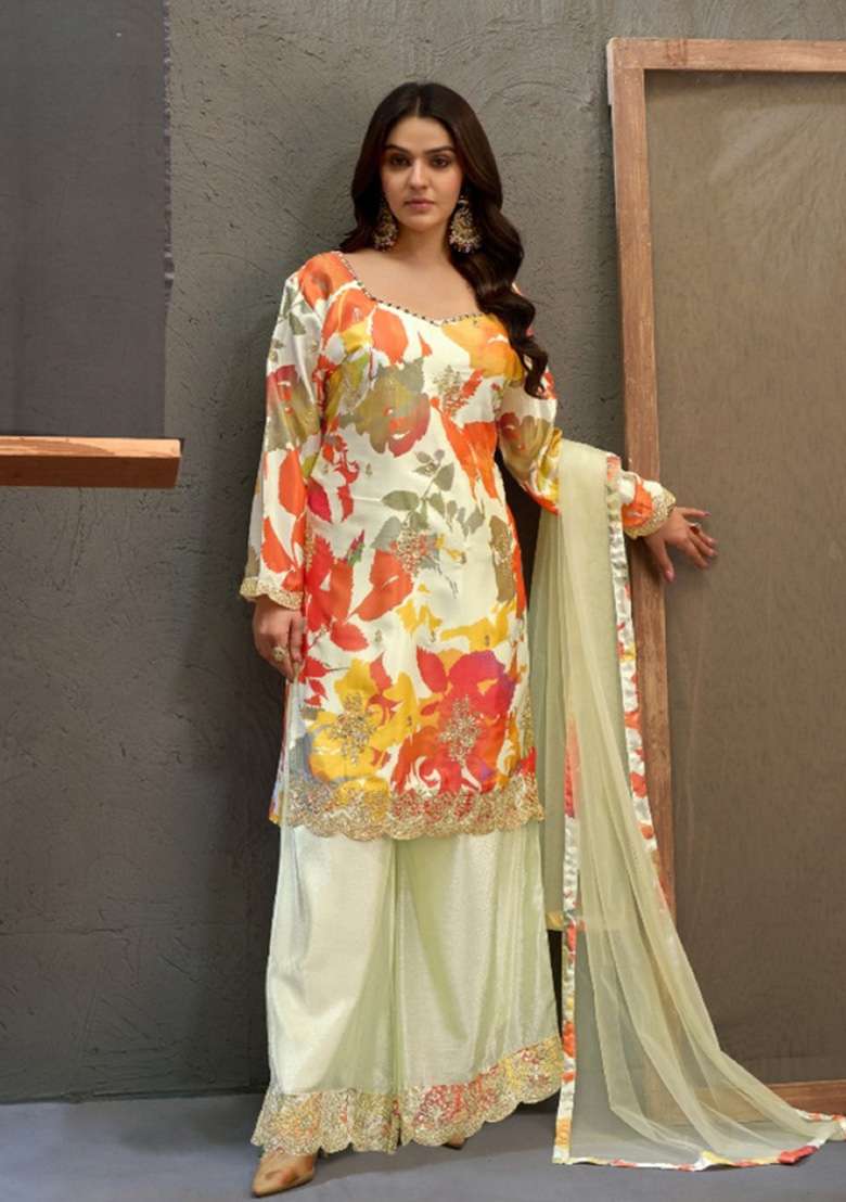 White Embroidered Silk Kurta Set - Indya