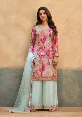 Sky Blue Embroidered Silk Kurta Set
