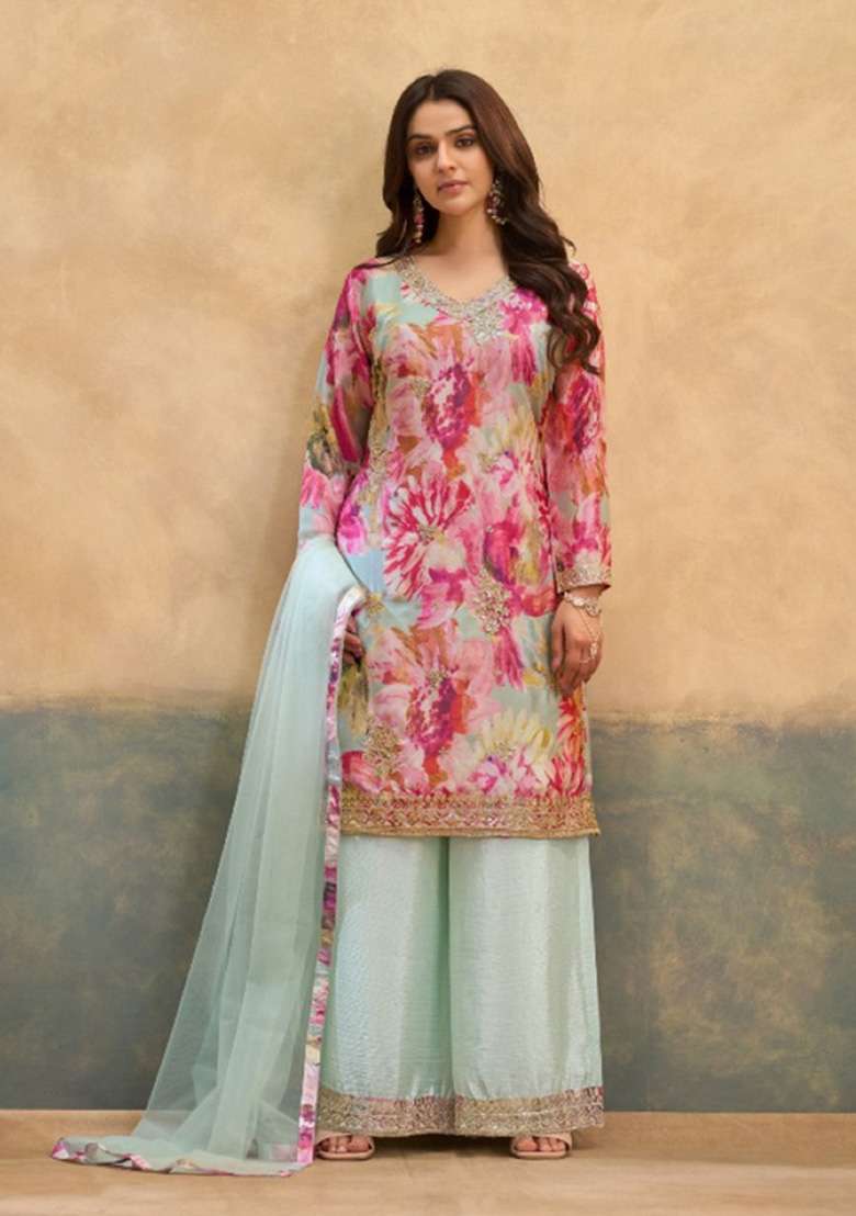Sky Blue Embroidered Silk Kurta Set - Indya