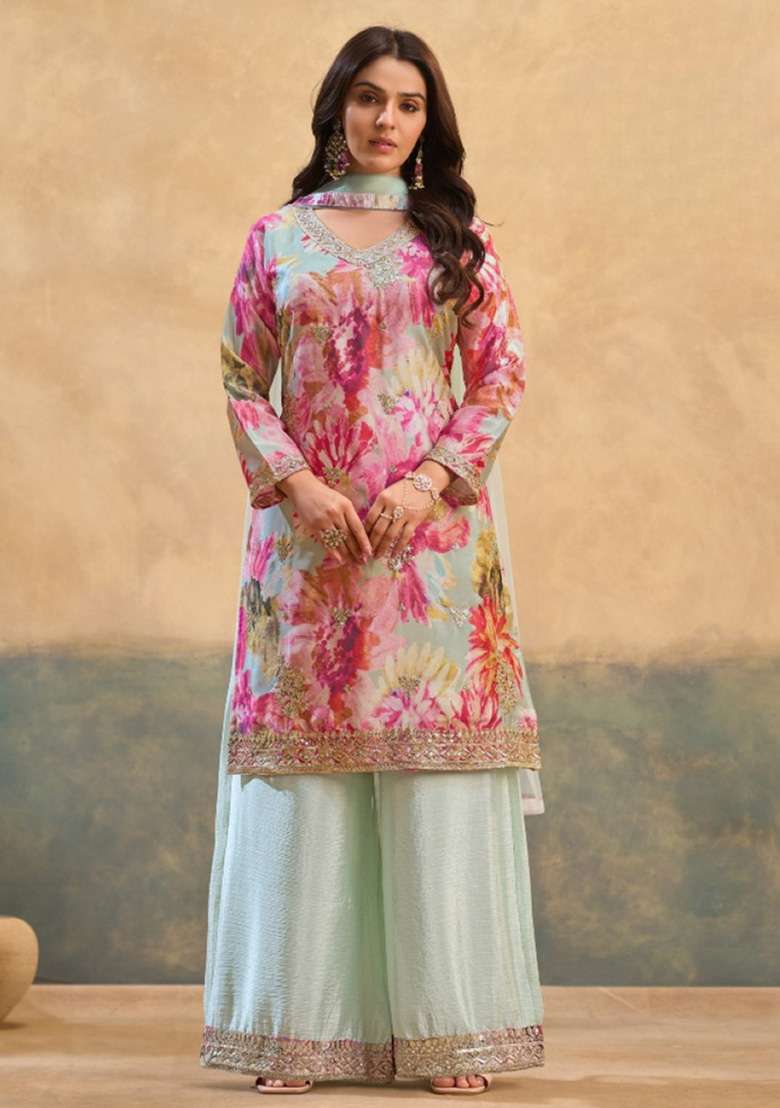 Sky Blue Embroidered Silk Kurta Set - Indya