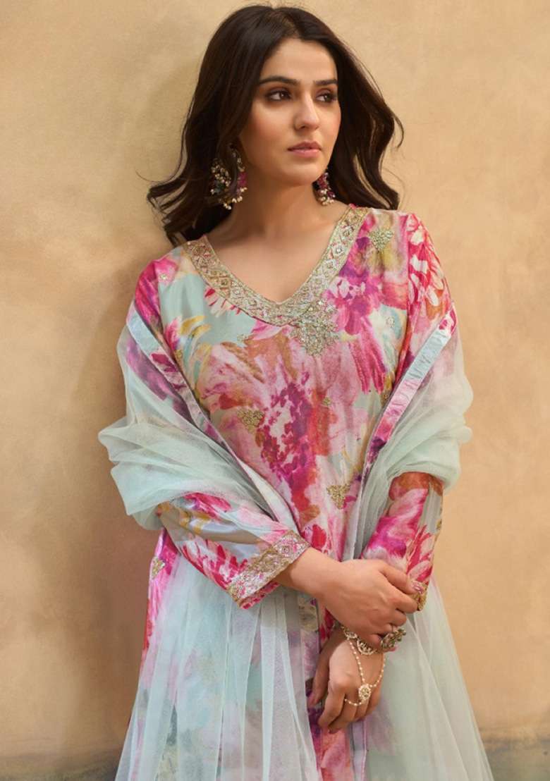 Sky Blue Embroidered Silk Kurta Set - Indya