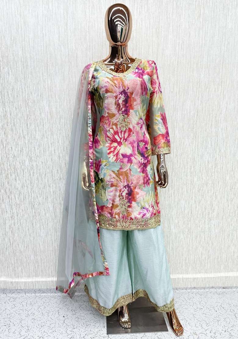 Sky Blue Embroidered Silk Kurta Set - Indya