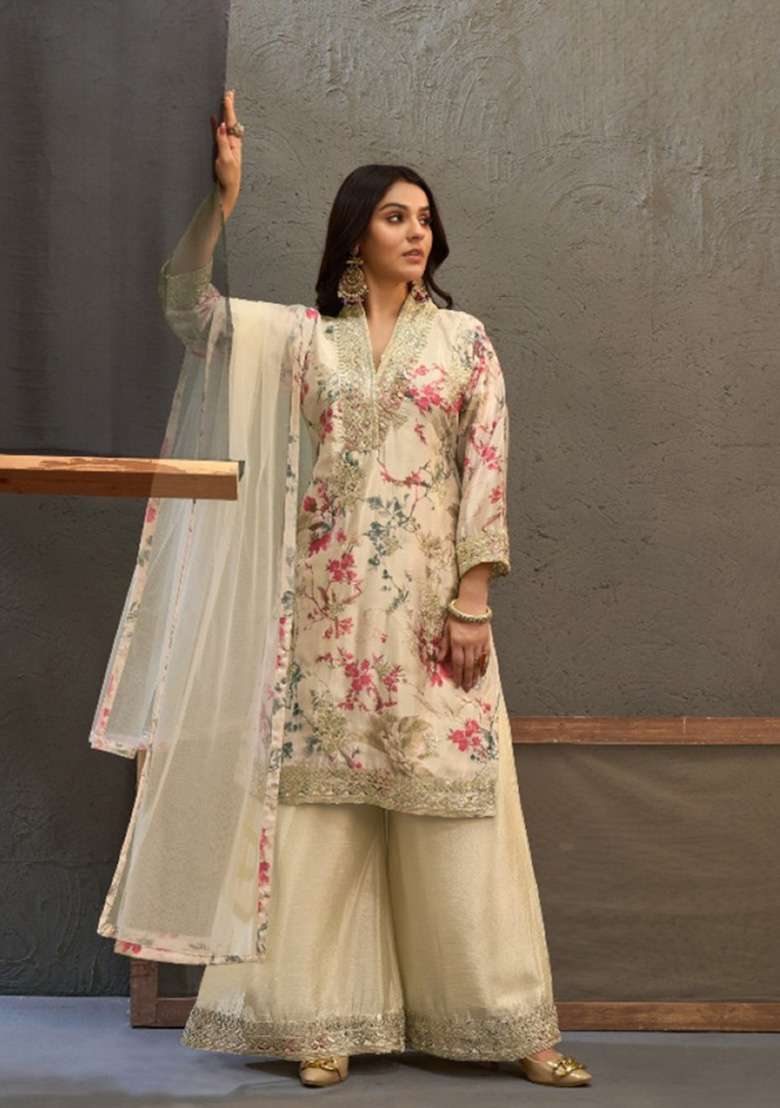 Beige Embroidered Silk Kurta Set - Indya