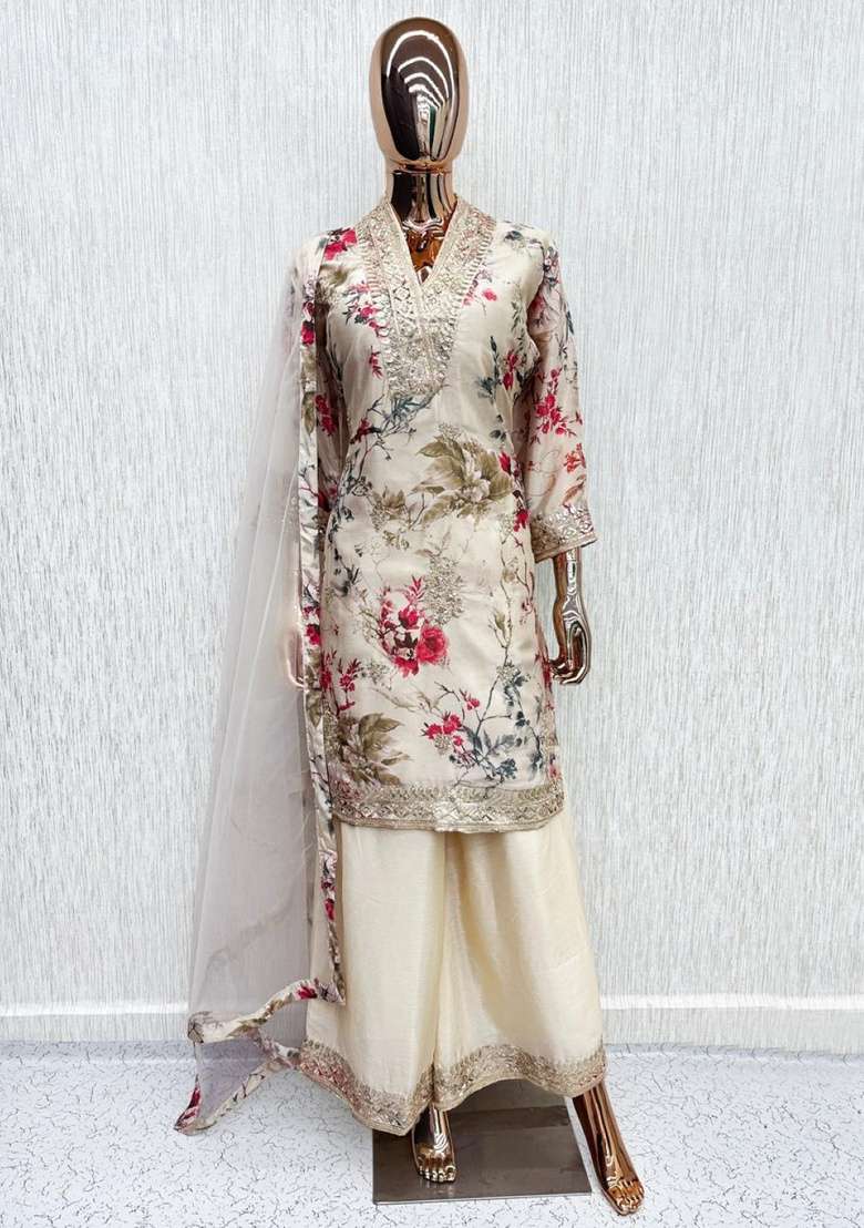 Beige Embroidered Silk Kurta Set - Indya