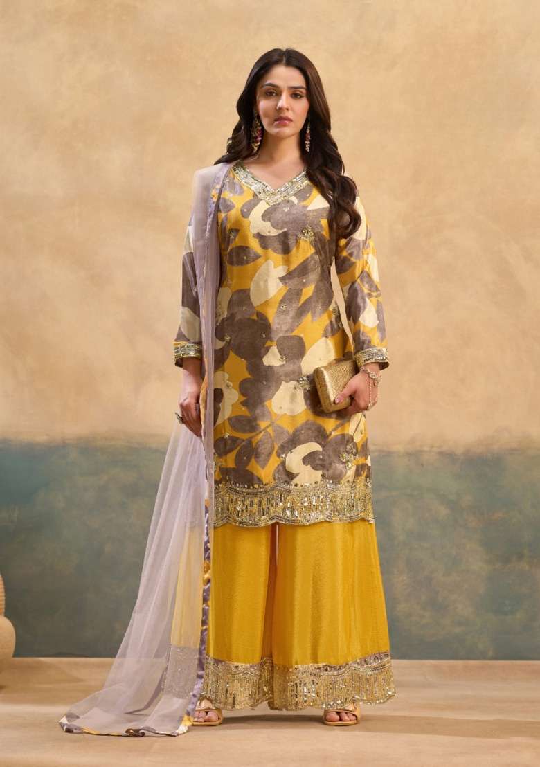 Yellow Embroidered Silk Kurta Set - Indya