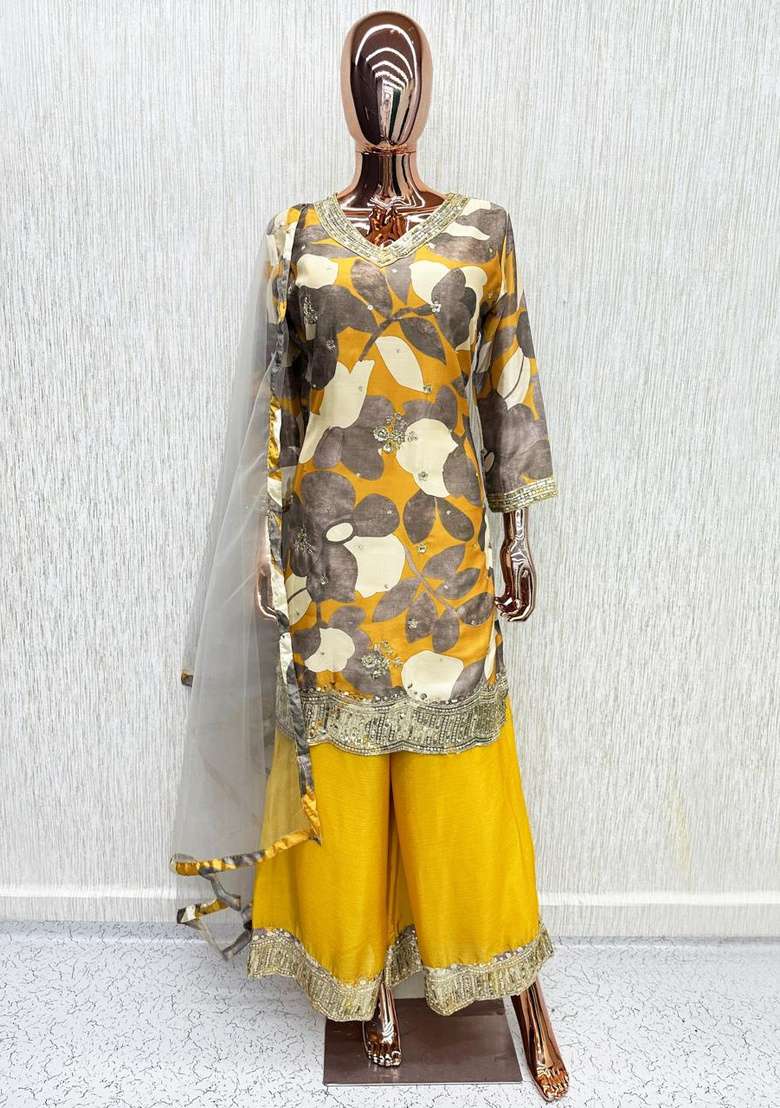 Yellow Embroidered Silk Kurta Set - Indya