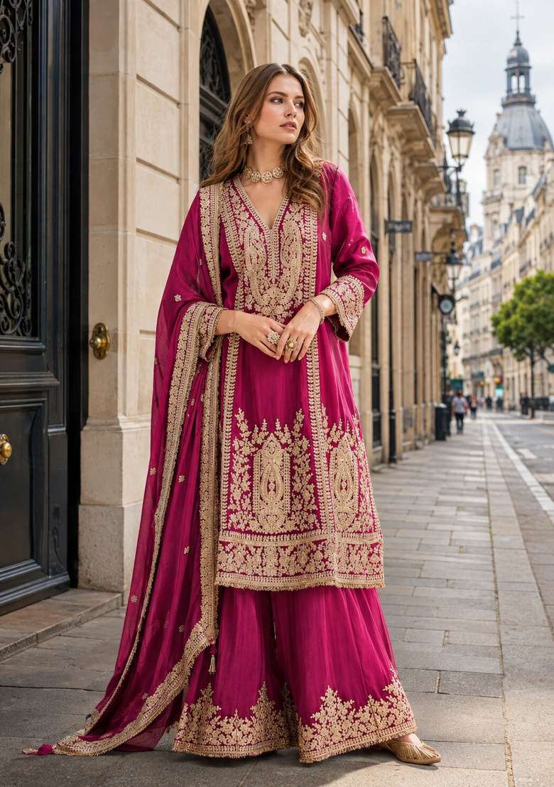 Rani Pink Embroidered Silk Kurta Set - Indya
