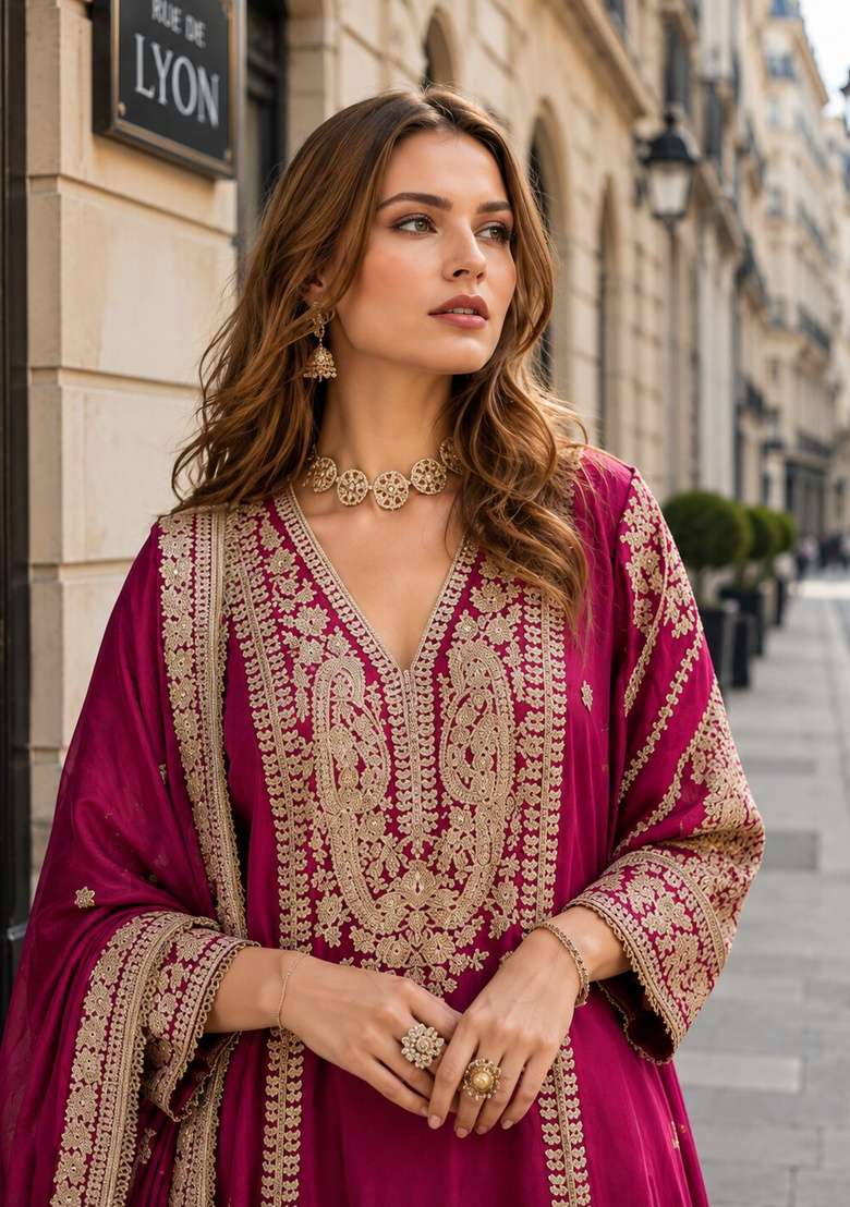 Rani Pink Embroidered Silk Kurta Set - Indya