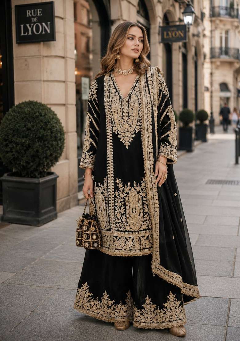 Black Embroidered Silk Kurta Set - Indya