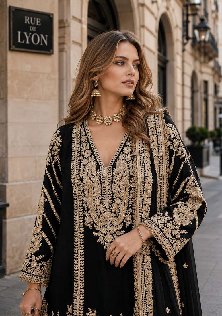 Black Embroidered Silk Kurta Set - Indya