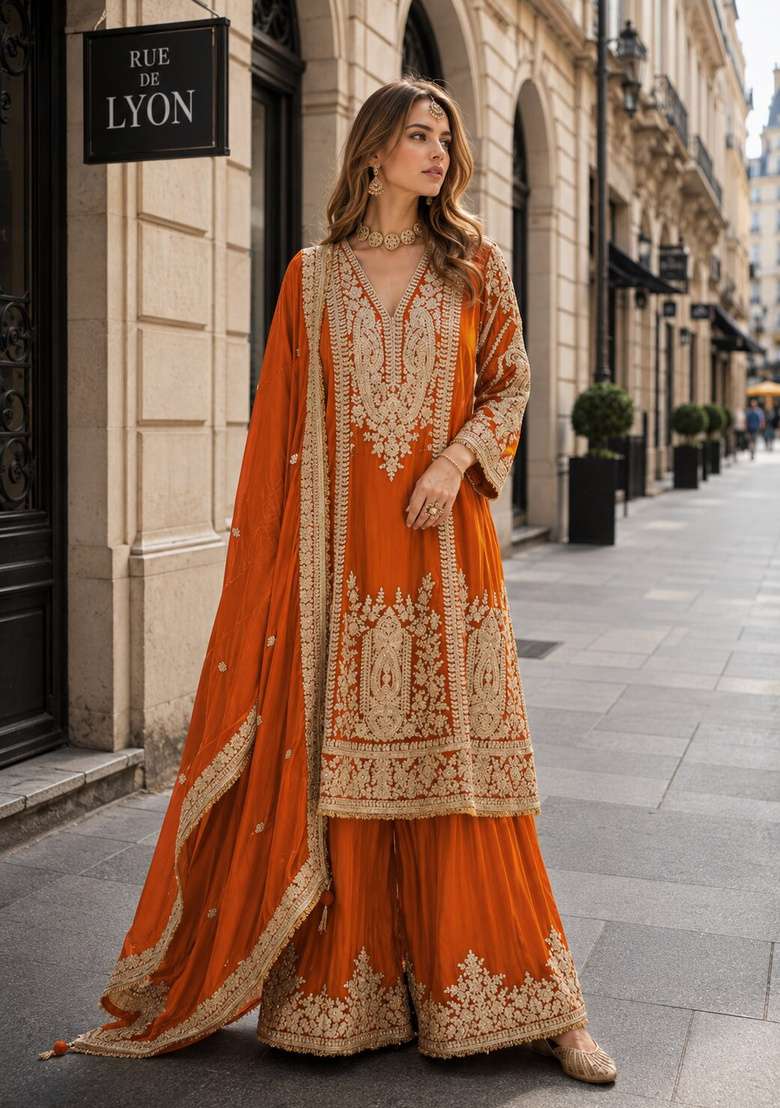 Orange Embroidered Silk Kurta Set - Indya