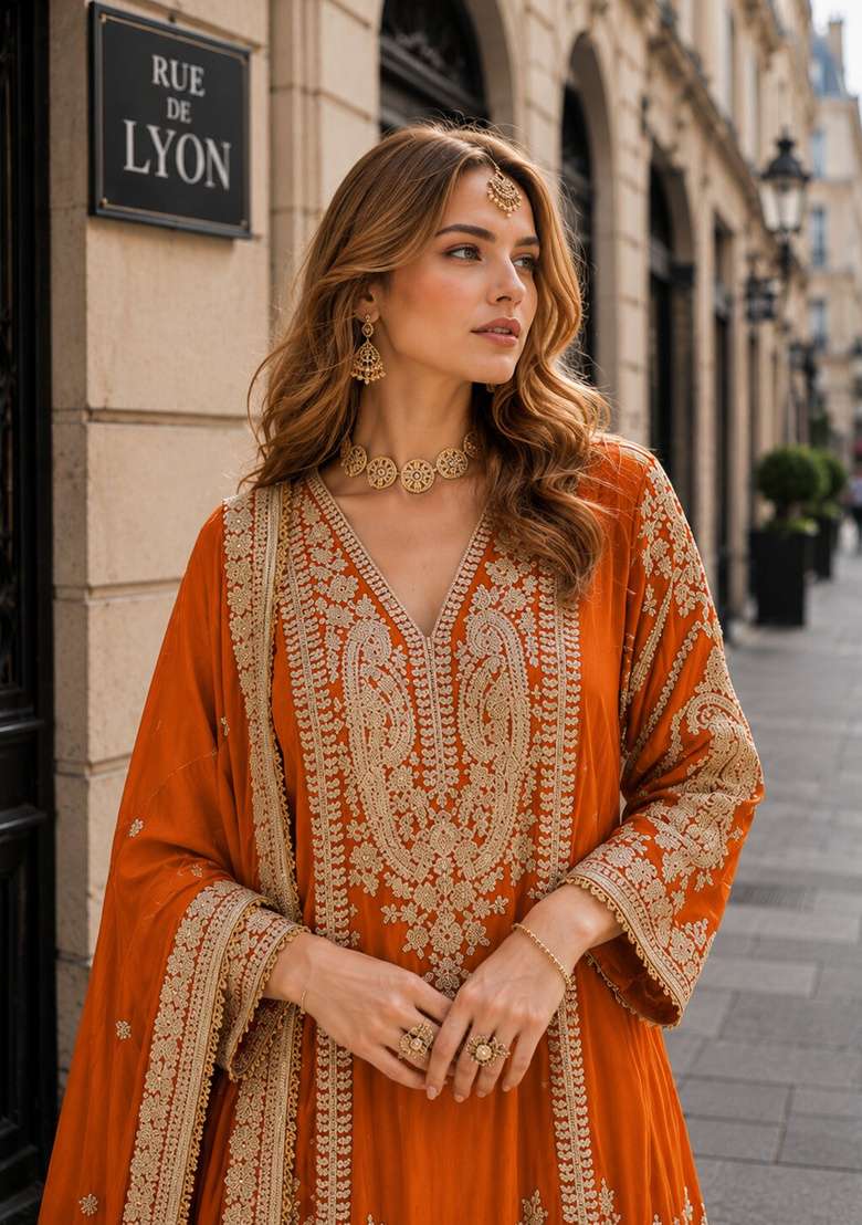 Orange Embroidered Silk Kurta Set - Indya
