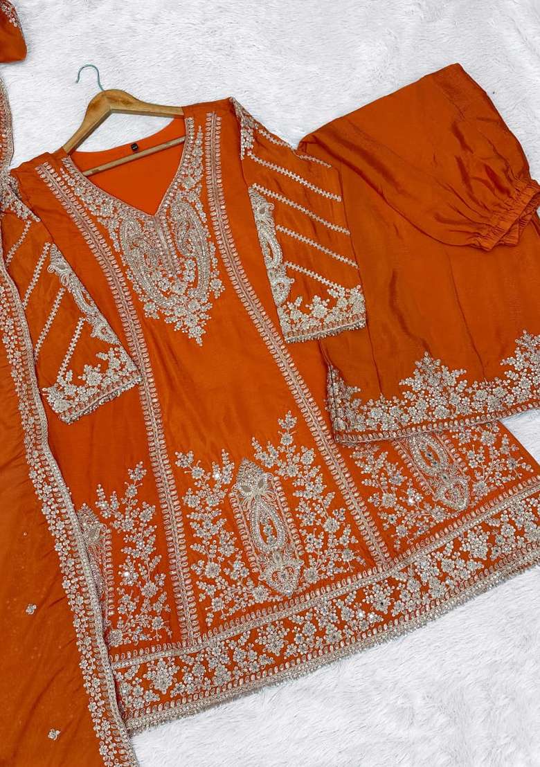 Orange Embroidered Silk Kurta Set - Indya
