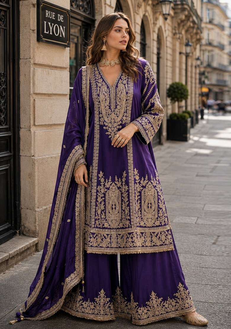 Violet Embroidered Silk Kurta Set - Indya