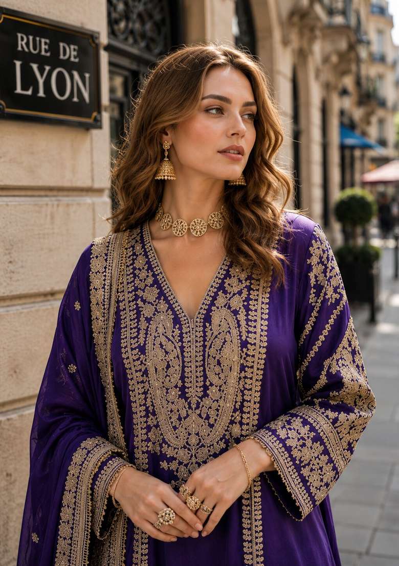 Violet Embroidered Silk Kurta Set - Indya