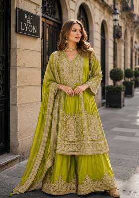 Olive Embroidered Silk Kurta Set