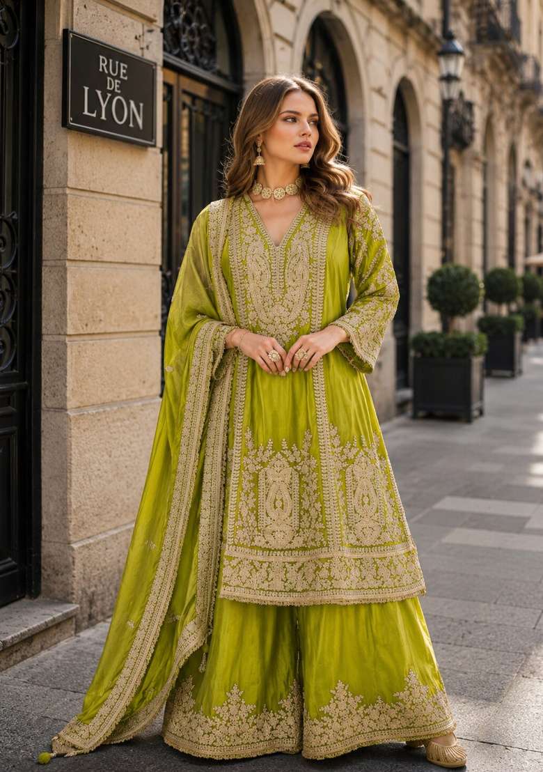 Olive Embroidered Silk Kurta Set - Indya