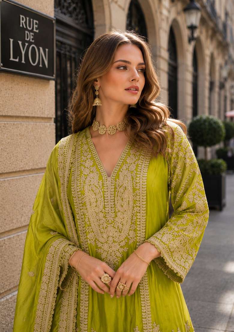 Olive Embroidered Silk Kurta Set - Indya