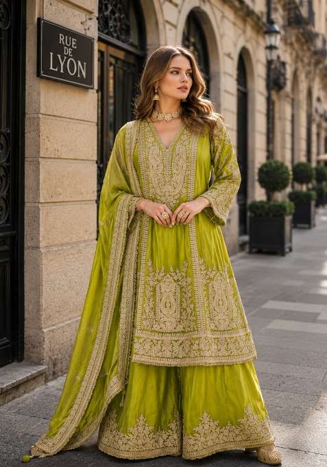 Olive Embroidered Silk Kurta Set