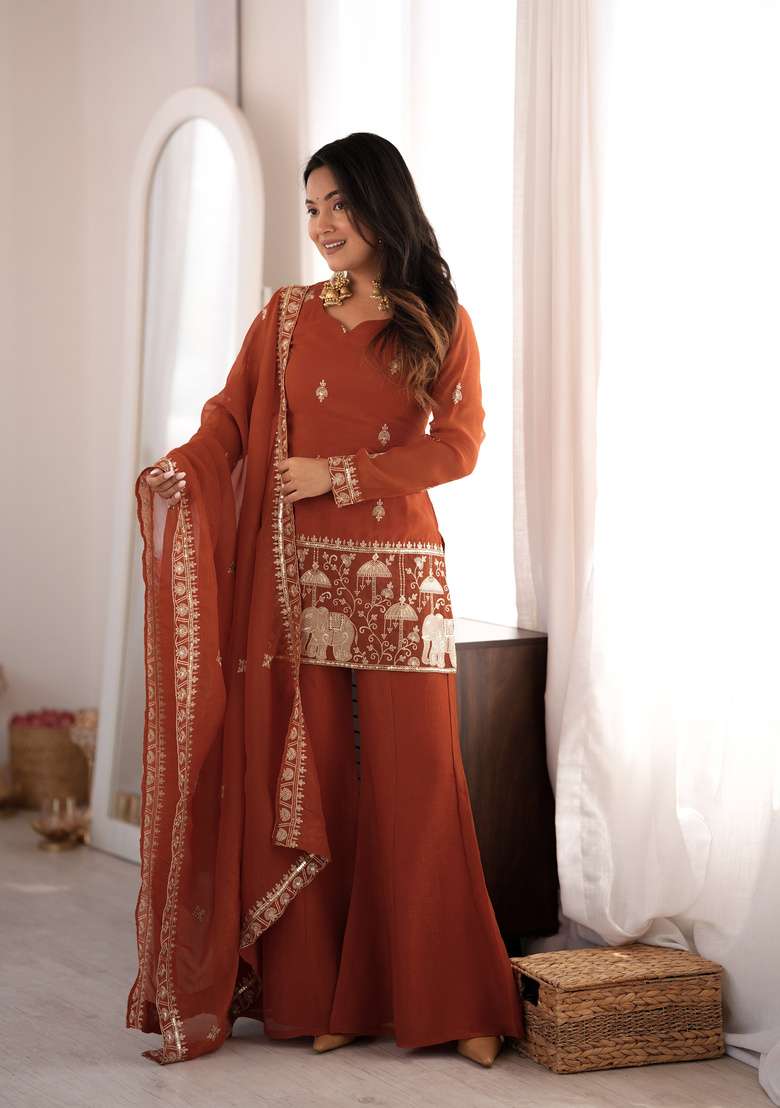 Dark Orange Embroidered Silk Sharara Set - Indya
