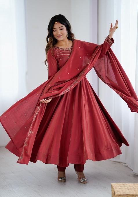 Dark Orange Embroidered Silk Anarkali Set