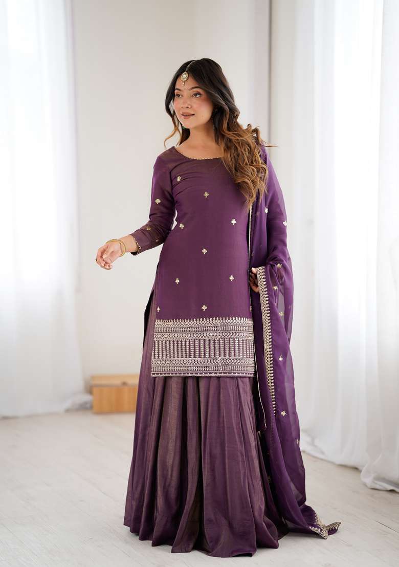 Wine Embroidered Silk Sharara Set - Indya