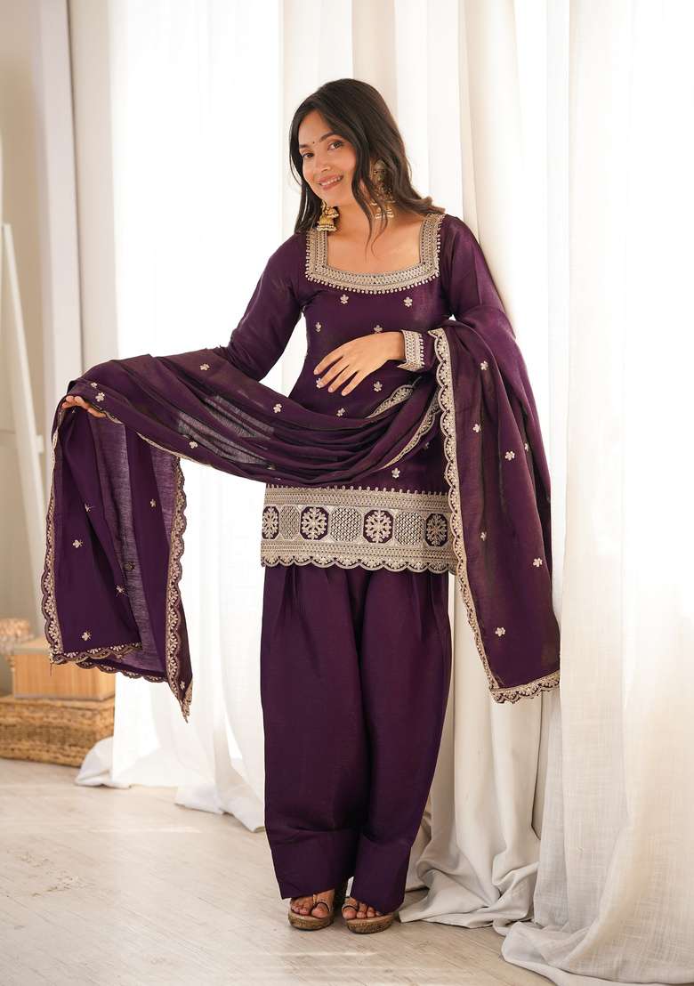 Wine Embroidered Silk Sharara Set - Indya