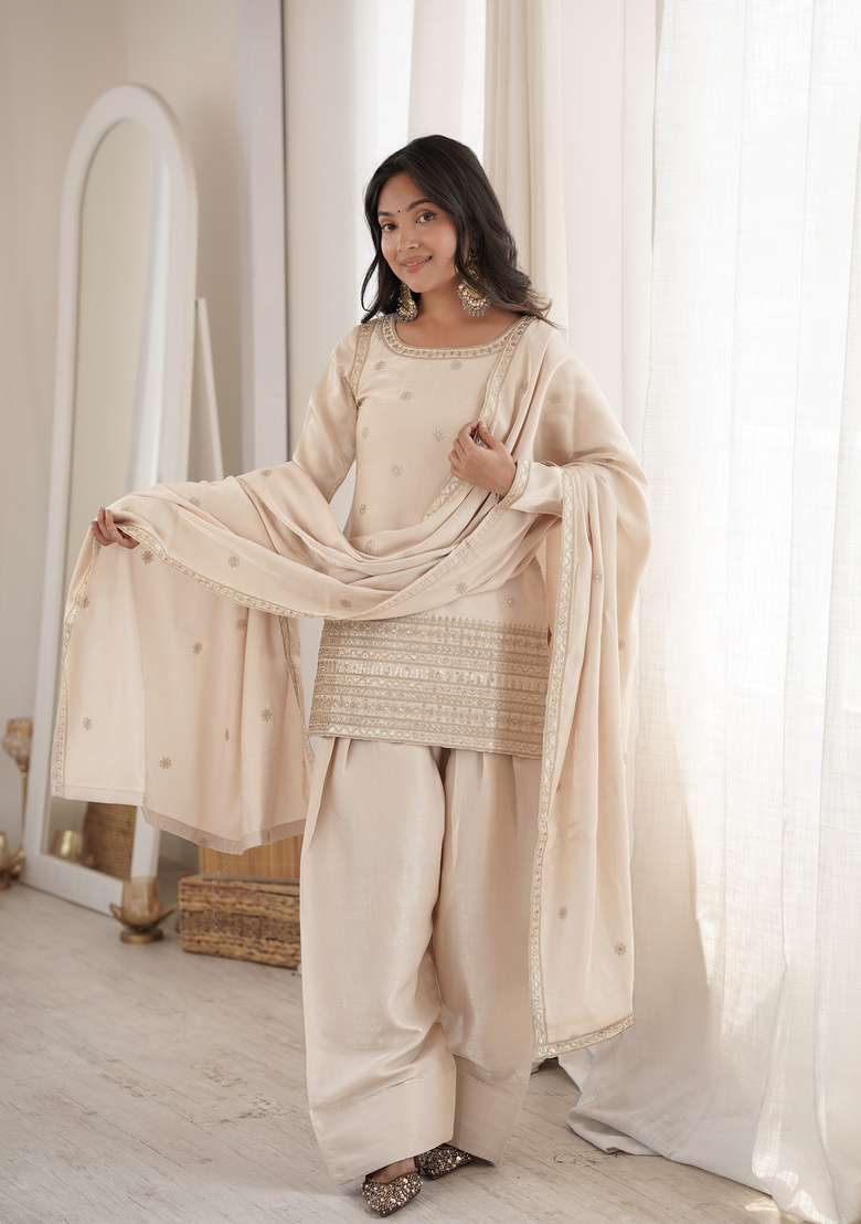 Cream Embroidered Silk Sharara Set - Indya