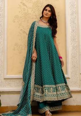 Green Embroidery Cotton Gown Set