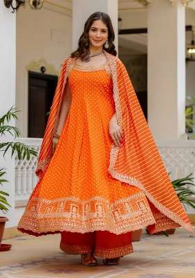 Orange Embroidery Cotton Gown Set