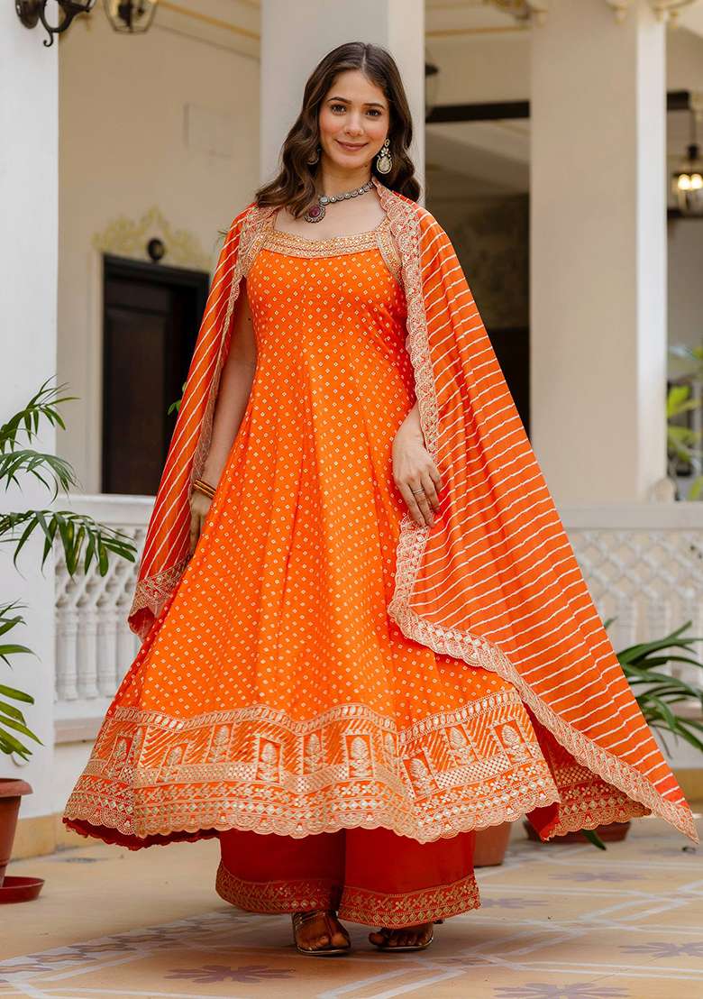 Orange Embroidery Cotton Gown Set - Indya