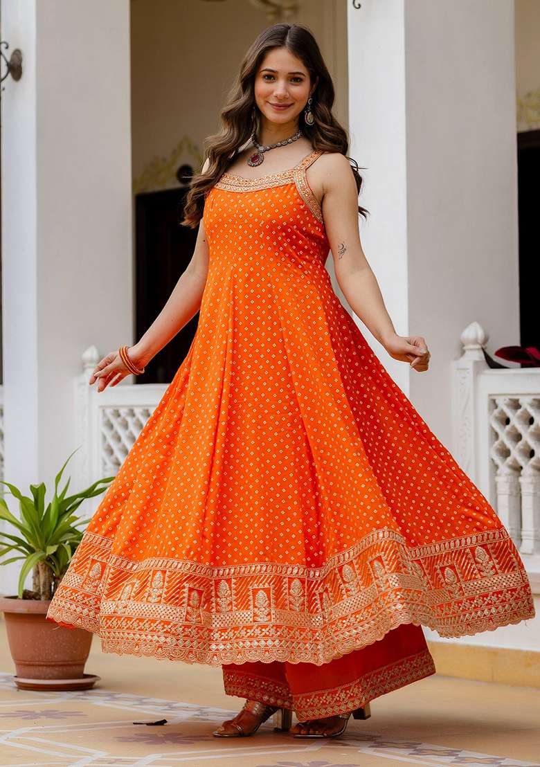 Orange Embroidery Cotton Gown Set - Indya