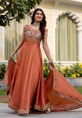 Orange Embroidery Silk Gown With Dupatta