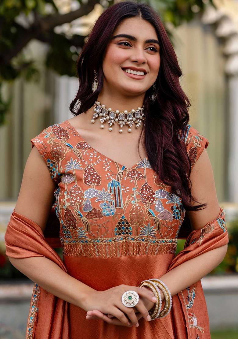 Orange Embroidery Silk Gown With Dupatta - Indya