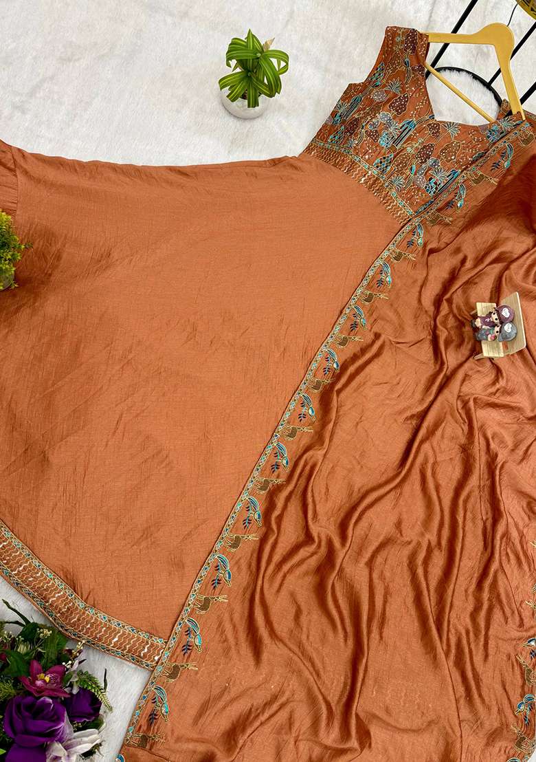Orange Embroidery Silk Gown With Dupatta - Indya