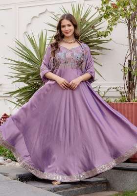 Purple Embroidery Silk Gown With Dupatta