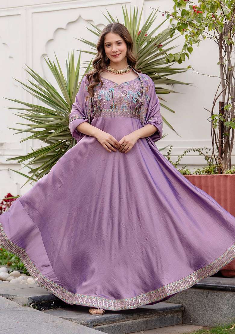Purple Embroidery Silk Gown With Dupatta - Indya