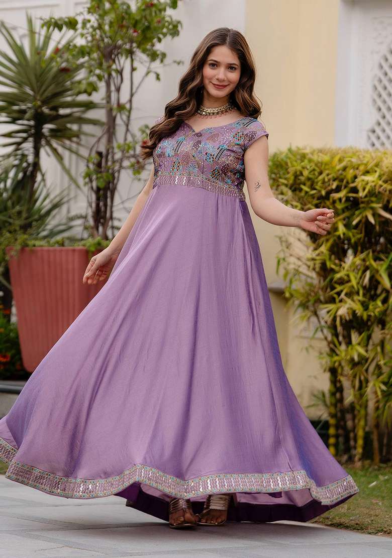 Purple Embroidery Silk Gown With Dupatta - Indya
