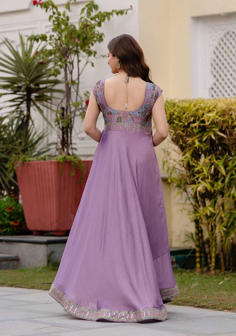 Purple Embroidery Silk Gown With Dupatta - Indya