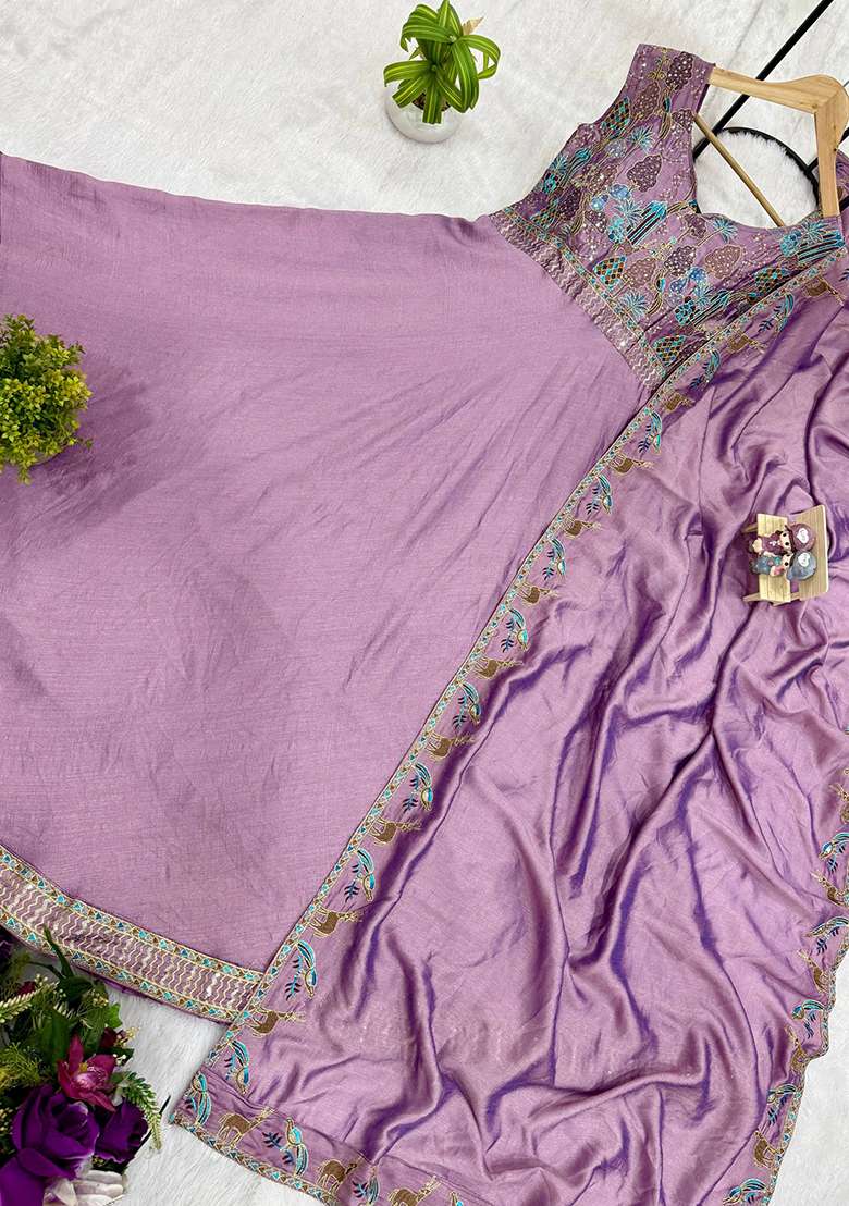 Purple Embroidery Silk Gown With Dupatta - Indya