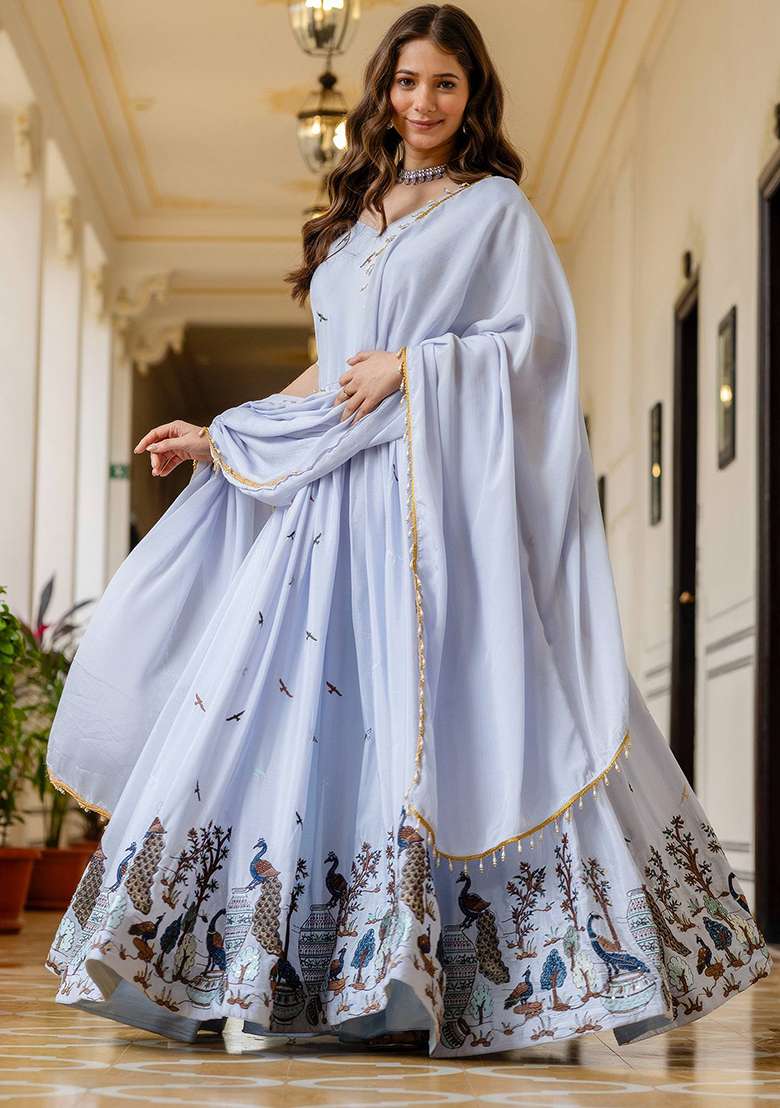 Grey Embroidery Chinon Gown With Dupatta - Indya