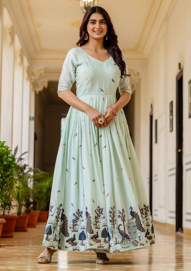 Pista Embroidery Chinon Gown With Dupatta - Indya