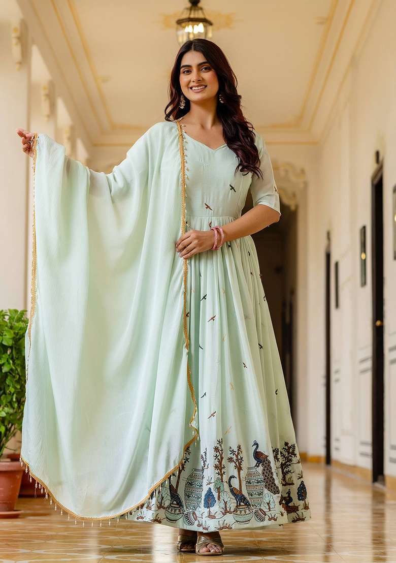 Pista Embroidery Chinon Gown With Dupatta - Indya
