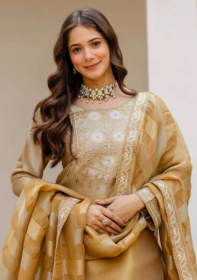 Golden Embroidery Viscose Gown Set - Indya