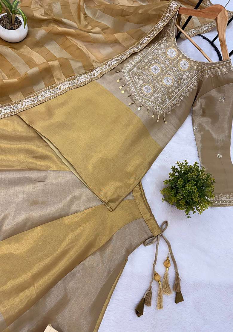 Golden Embroidery Viscose Gown Set - Indya