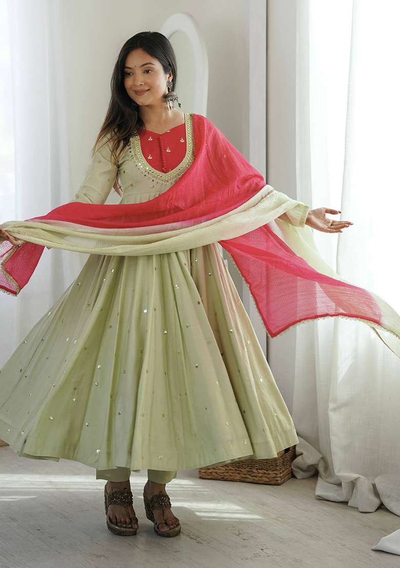 Cream Embroidery Silk Gown Set - Indya