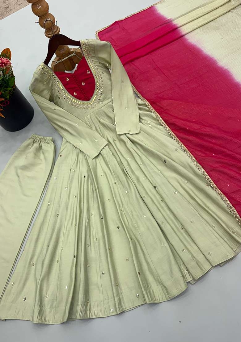 Cream Embroidery Silk Gown Set - Indya