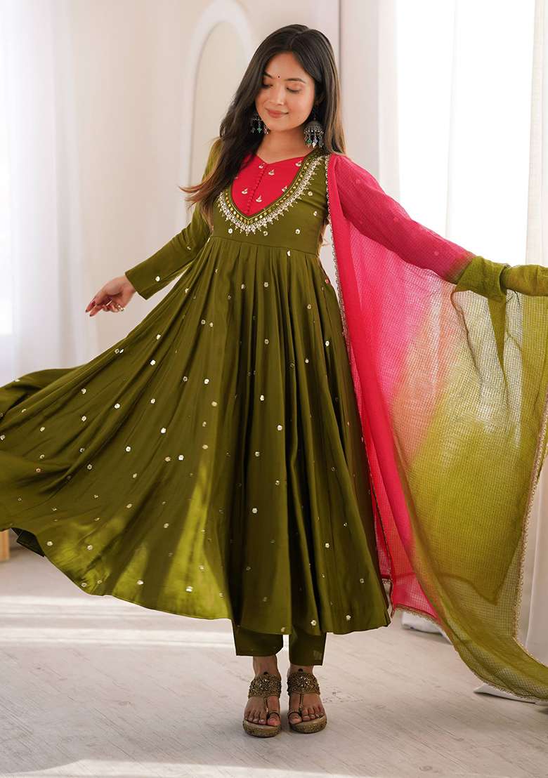 Green Embroidery Silk Gown Set - Indya